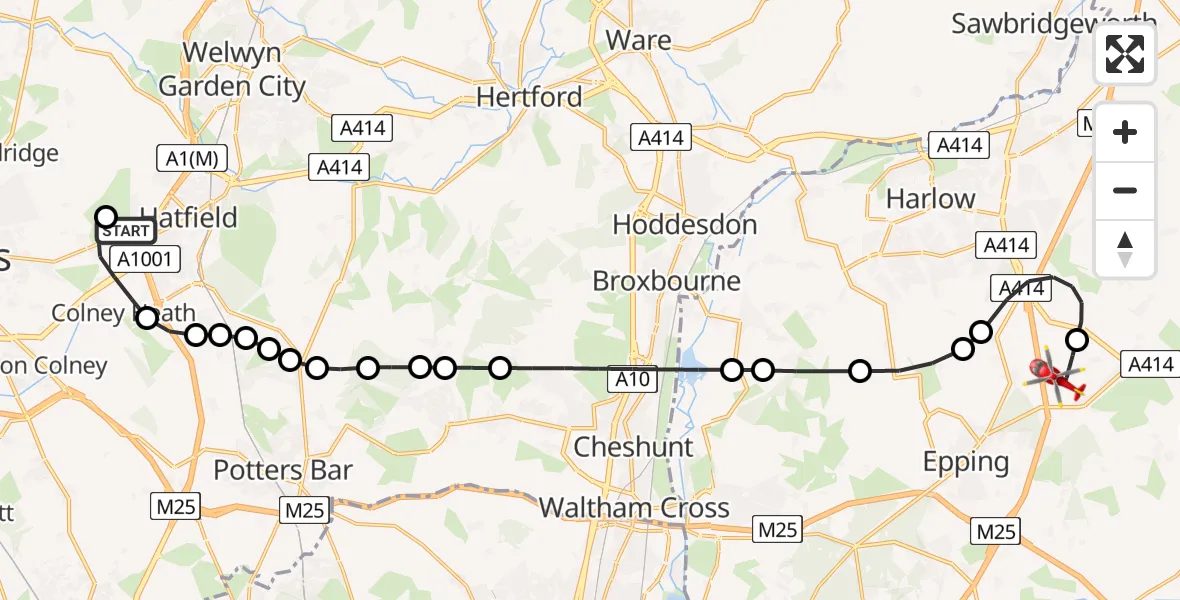 Flight route Air Ambulance Helicopter Hatfield - North Weald Airfield, 29 June 2026, 11:03