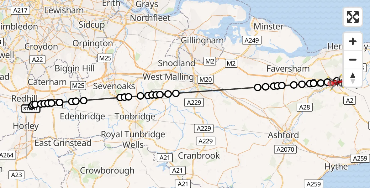 Flight route Air Ambulance Helicopter Redhill Aerodrome - Canterbury, 29 June 2026, 11:03