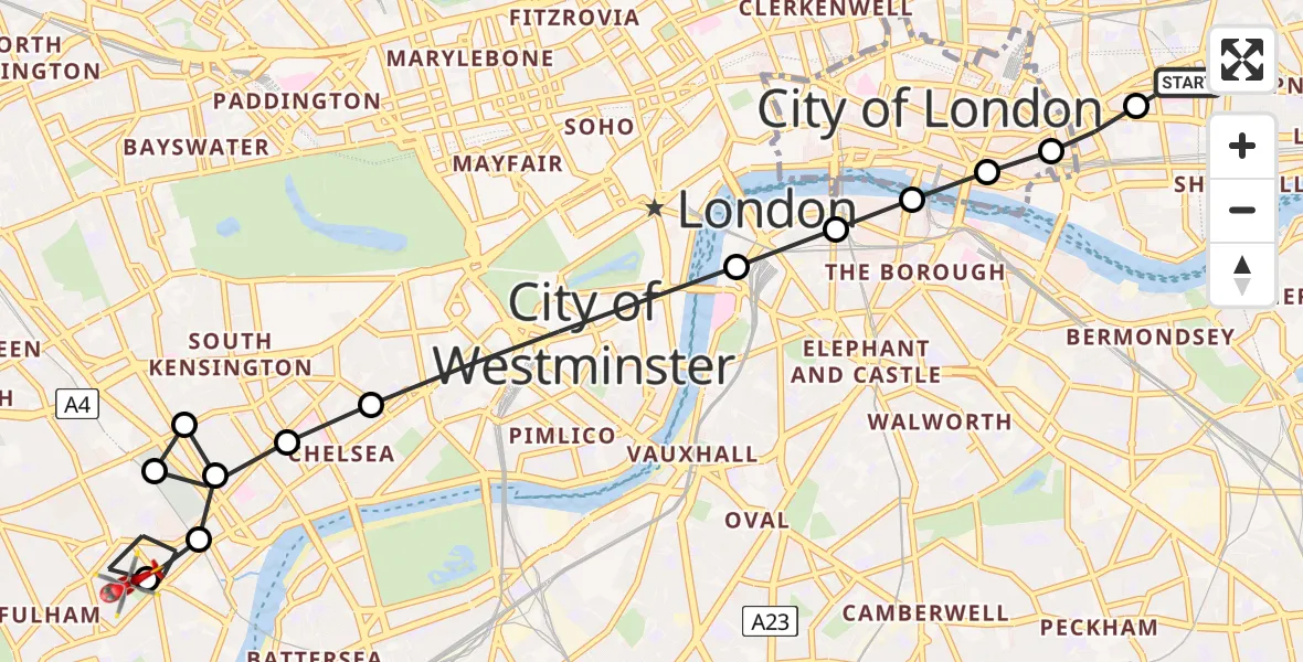 Flight route Air Ambulance Helicopter Royal London Hospital - Fulham, 29 June 2026, 11:30