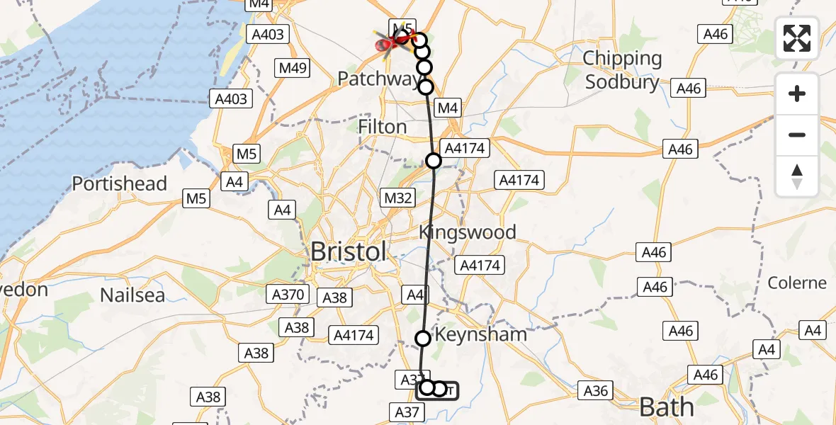 Flight route Air Ambulance Helicopter Queen Charlton - Almondsbury Helicopter Base, 29 June 2026, 11:33