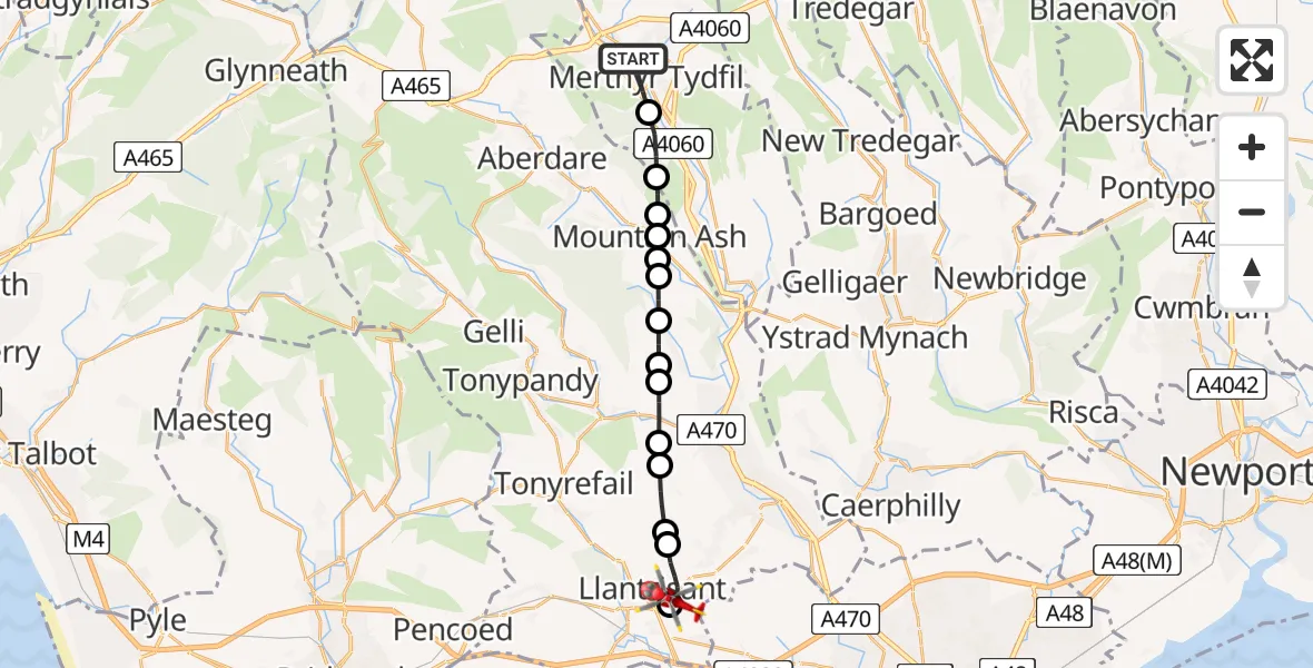 Flight route Air Ambulance Helicopter Merthyr Tydfil - Beddau, 29 June 2026, 11:34