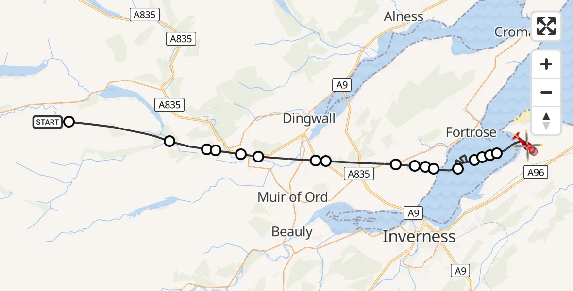Flight route Air Ambulance Helicopter Badinluchie - Ardersier, 29 June 2026, 11:34