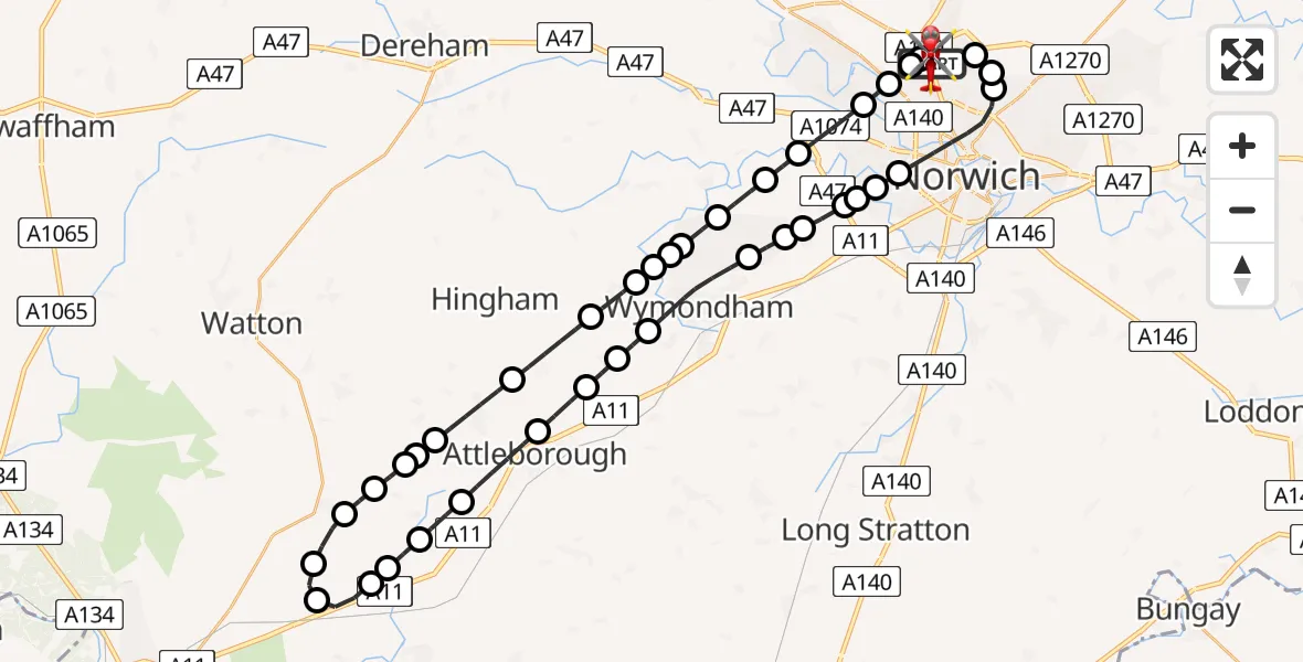 Flight route Air Ambulance Helicopter Norwich Airport - Norwich Airport, 29 June 2026, 11:38