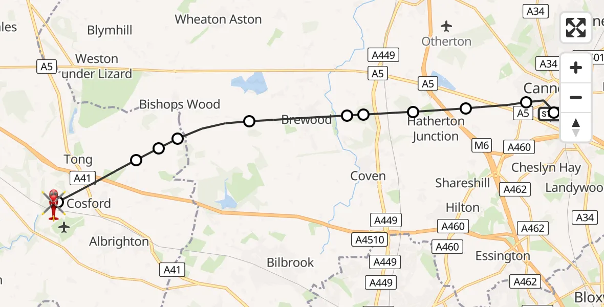 Flight route Air Ambulance Helicopter Cannock - Cosford, 29 June 2026, 11:43