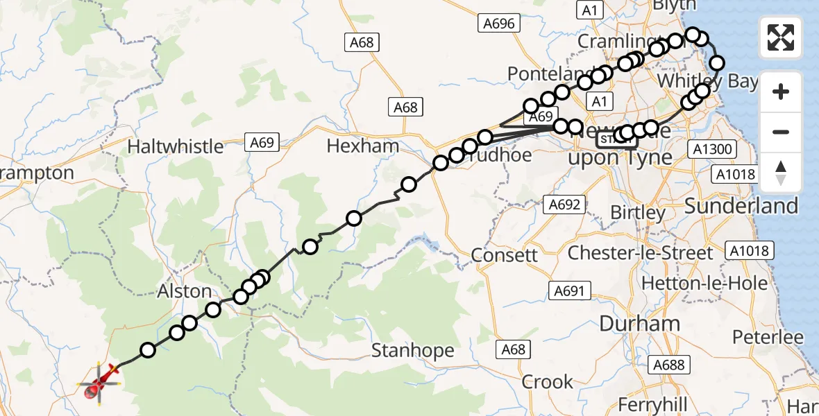 Flight route Air Ambulance Helicopter Newcastle Royal Victoria Infirmary - Ousby, 29 June 2026, 11:49