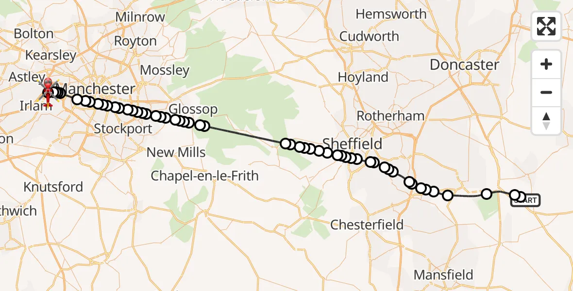 Flight route Air Ambulance Helicopter Retford Gamston Airport - Manchester Barton Aerodrome, 29 June 2026, 11:56