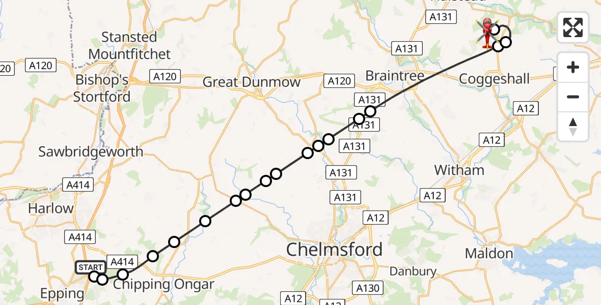 Flight route Air Ambulance Helicopter North Weald Airfield - Earls Colne Airfield, 29 June 2026, 12:09