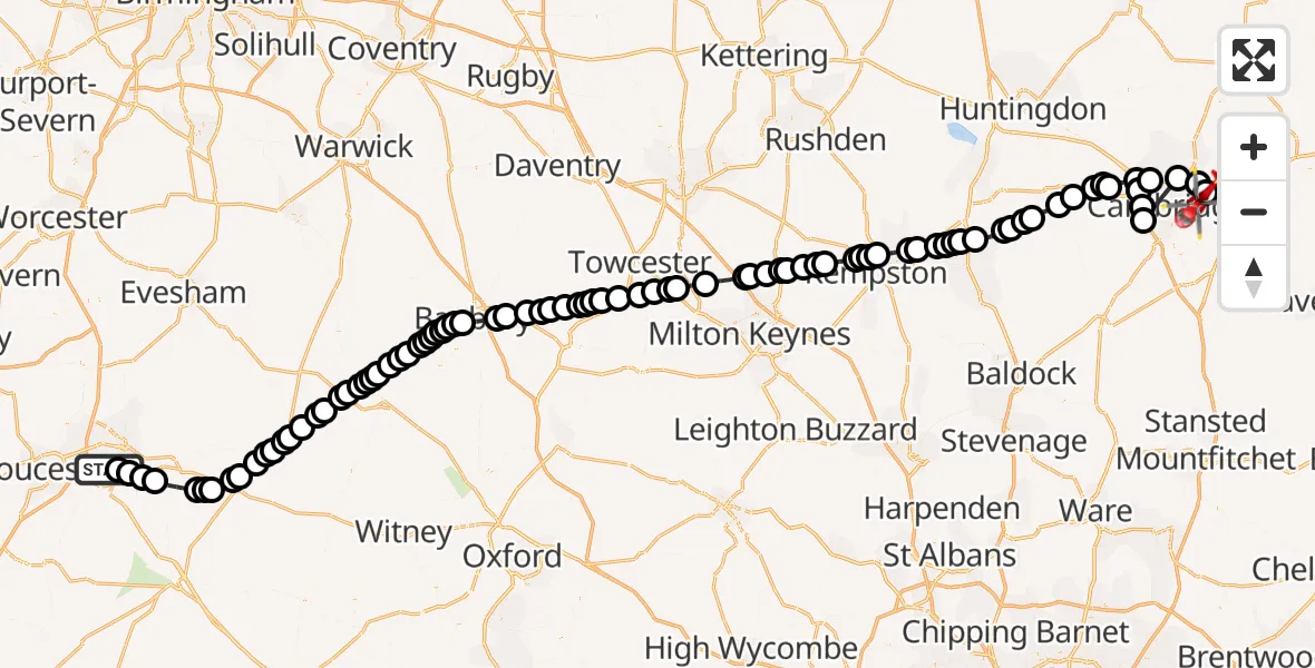 Flight route Air Ambulance Helicopter Cheltenham - Fen Ditton, 29 June 2026, 12:22