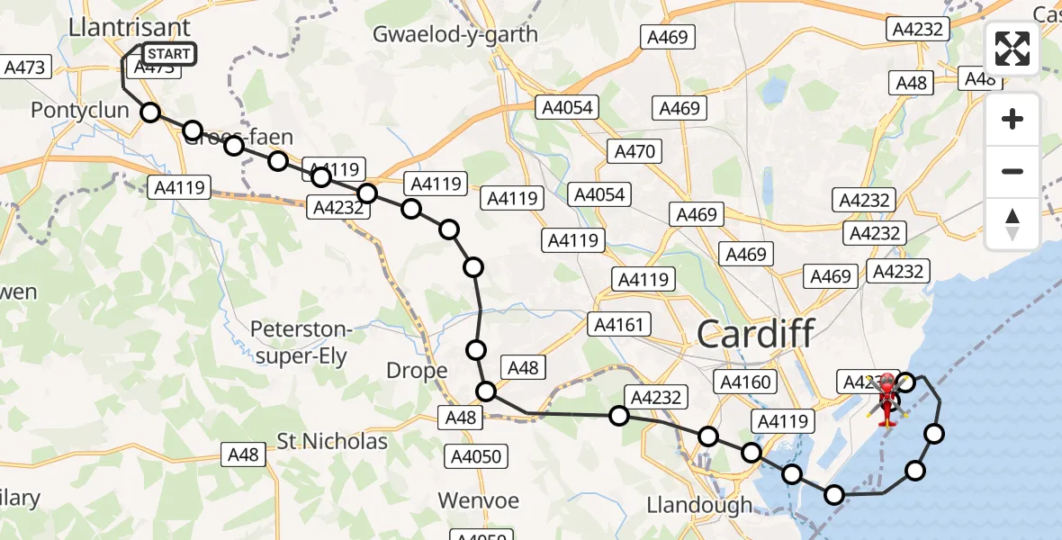 Flight route Air Ambulance Helicopter Llantrisant - Cardiff Heliport, 29 June 2026, 12:38