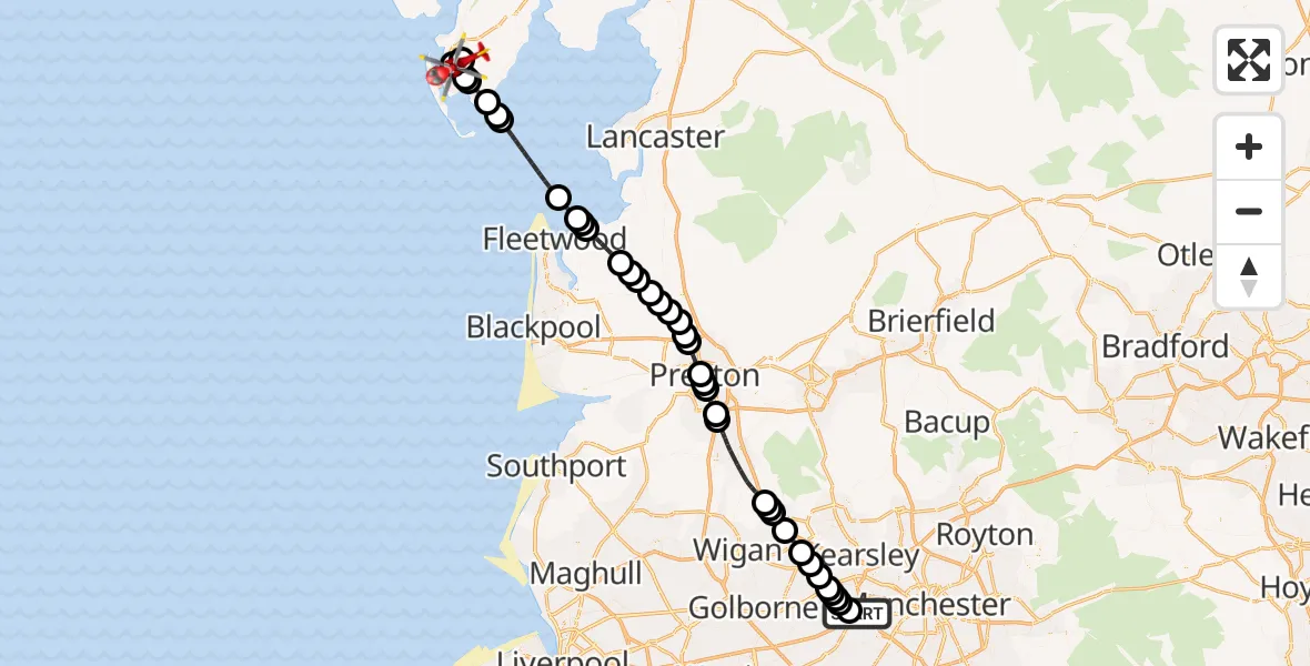Flight route Air Ambulance Helicopter Manchester Barton Aerodrome - Dalton-in-Furness, 29 June 2026, 12:47