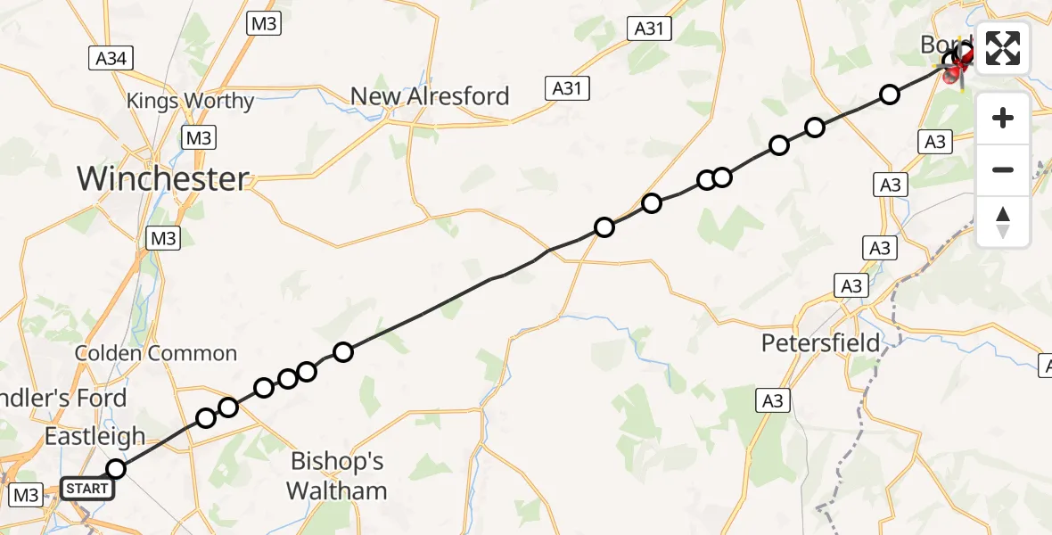 Flight route Air Ambulance Helicopter Southampton Airport - Hollywater, 29 June 2026, 12:52
