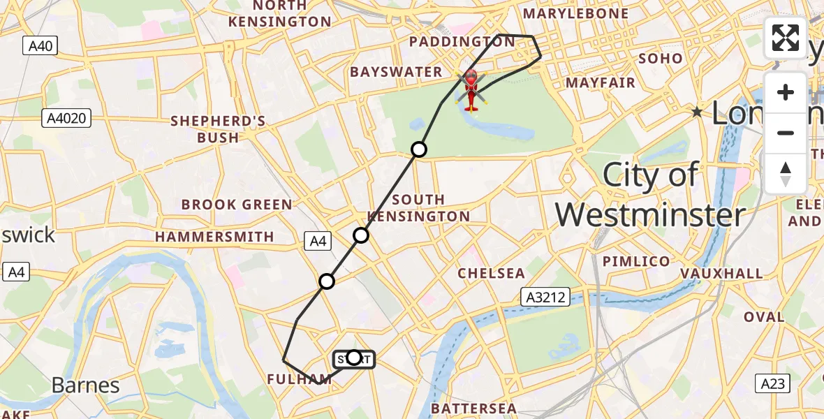Flight route Air Ambulance Helicopter Fulham - City of Westminster, 29 June 2026, 12:54