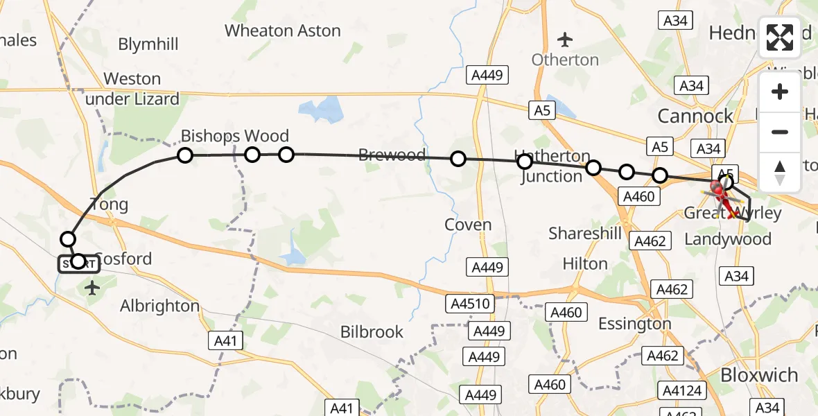 Flight route Air Ambulance Helicopter RAF Cosford - Great Wyrley, 29 June 2026, 13:07