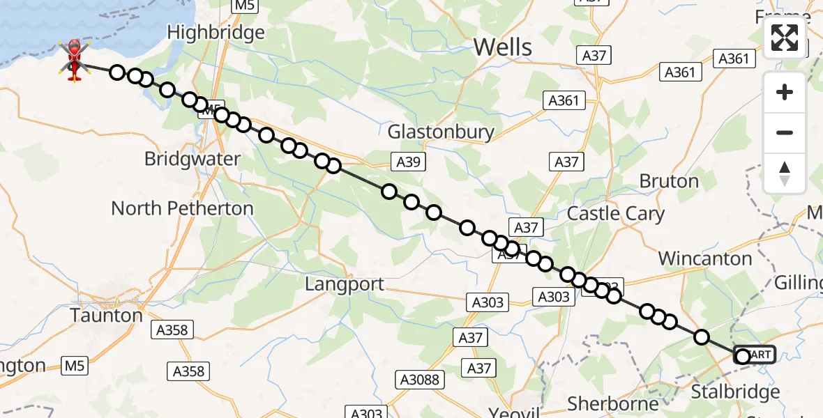 Flight route Air Ambulance Helicopter Henstridge Airfield - Stogursey, 29 June 2026, 13:11