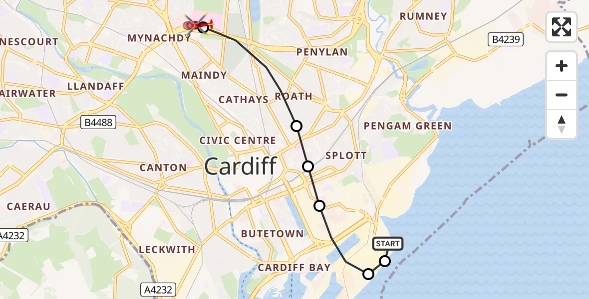 Flight route Air Ambulance Helicopter Cardiff Heliport - Birchgrove, 29 June 2026, 13:20
