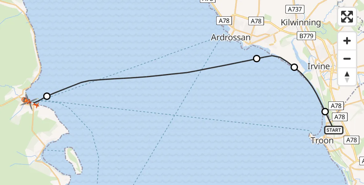 Flight route Coastguard Helicopter Troon - Brodick, 29 June 2026, 13:22
