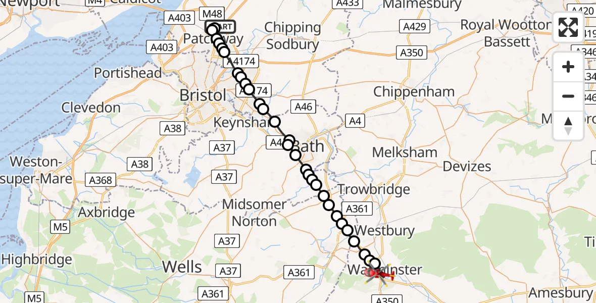 Flight route Air Ambulance Helicopter Almondsbury Helicopter Base - Warminster, 29 June 2026, 13:32