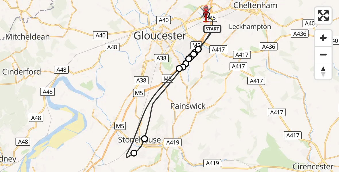 Flight route Air Ambulance Helicopter Tewkesbury - Gloucestershire Airport, 29 June 2026, 13:33