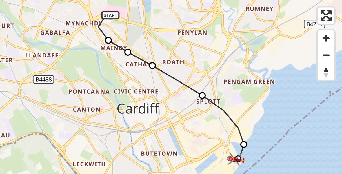 Flight route Air Ambulance Helicopter Birchgrove - Cardiff Heliport, 29 June 2026, 13:35