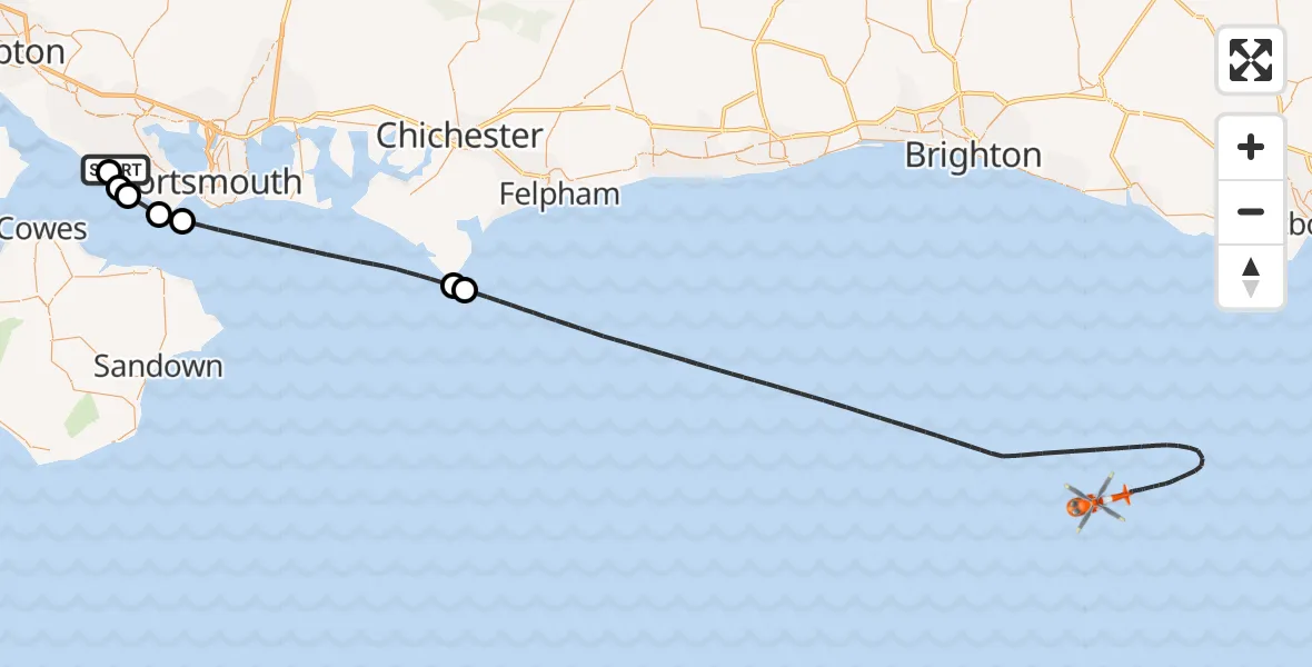Flight route Coastguard Helicopter Solent Airport - English Channel, 29 June 2026, 13:35