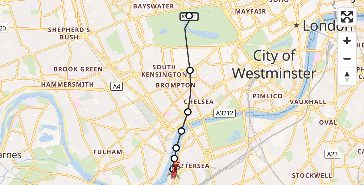 Flight route Air Ambulance Helicopter City of Westminster - London Heliport, 29 June 2026, 13:43