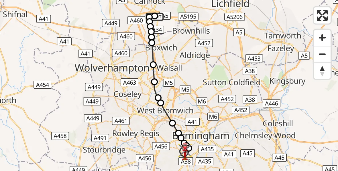 Flight route Air Ambulance Helicopter Great Wyrley - Metchley, 29 June 2026, 13:47