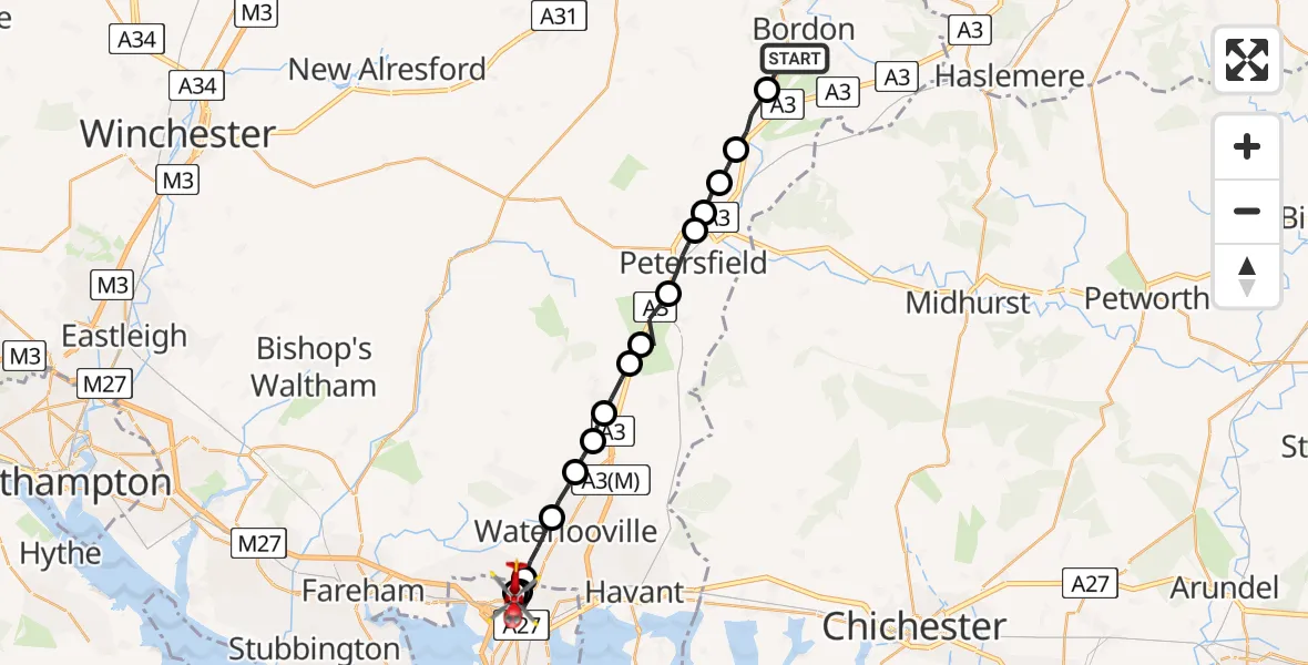 Flight route Air Ambulance Helicopter Whitehill - Queen Alexandra Hospital, 29 June 2026, 13:48