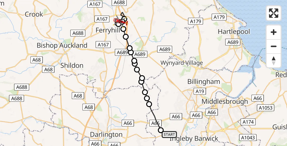 Flight route Air Ambulance Helicopter Egglescliffe - West Cornforth, 29 June 2026, 13:50