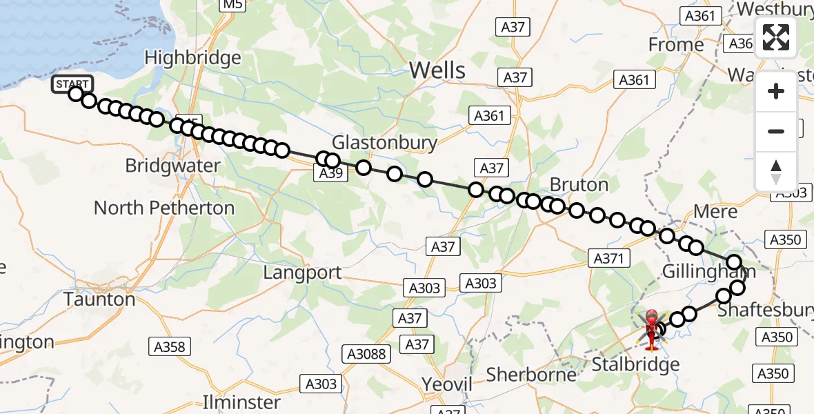 Flight route Air Ambulance Helicopter Stogursey - Henstridge Airfield, 29 June 2026, 13:53