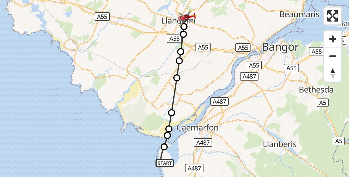 Flight route Air Ambulance Helicopter Caernarfon Airport - Llangefni, 29 June 2026, 14:01