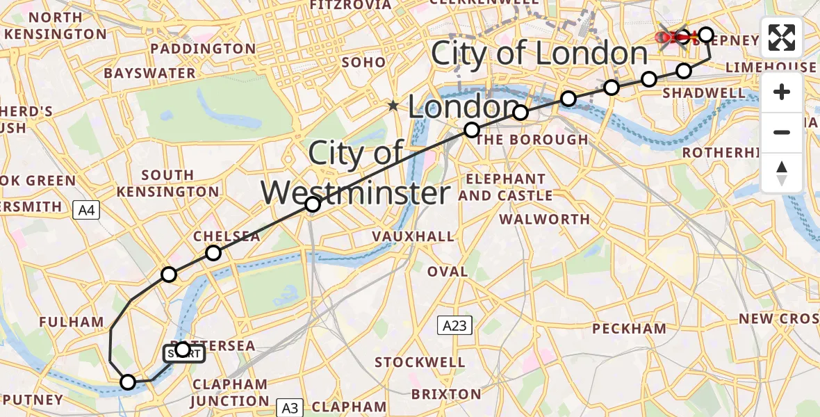 Flight route Air Ambulance Helicopter London Heliport - Royal London Hospital, 29 June 2026, 14:02