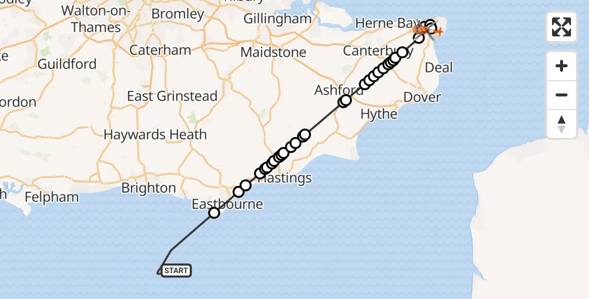 Flight route Coastguard Helicopter English Channel - Manston Airport, 29 June 2026, 14:12