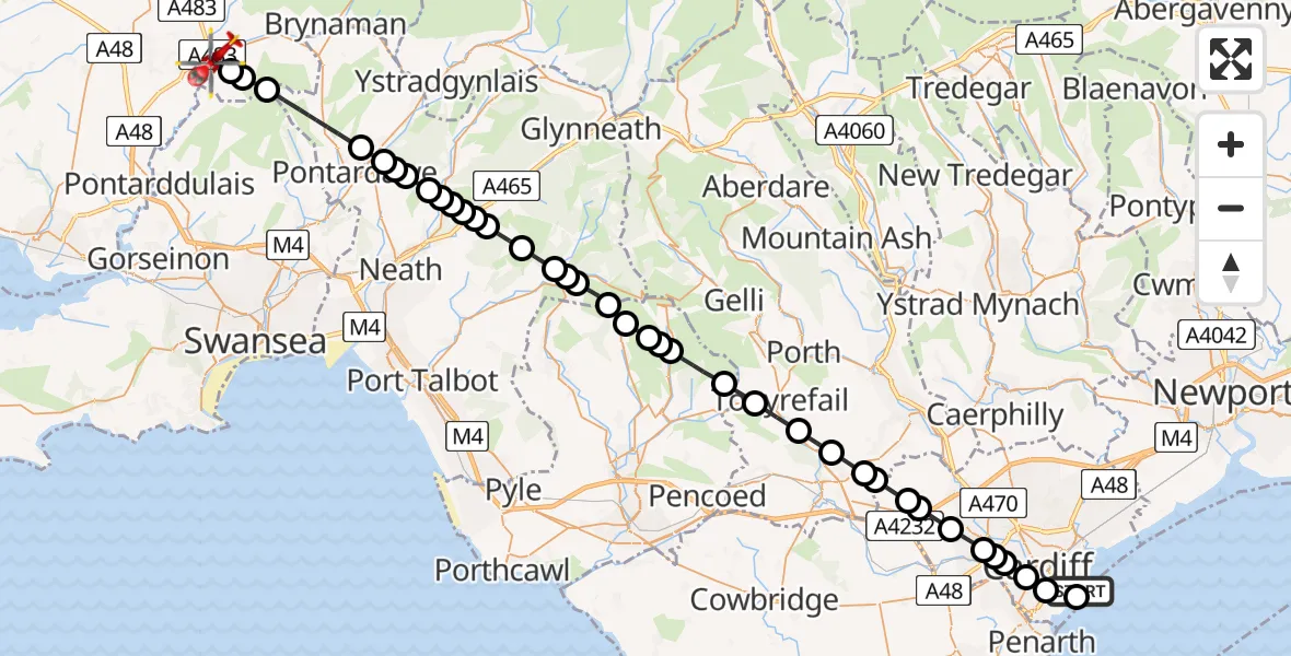 Flight route Air Ambulance Helicopter Cardiff Heliport - Ammanford, 29 June 2026, 14:20