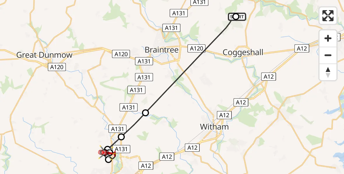 Flight route Air Ambulance Helicopter Earls Colne Airfield - Broomfield Hospital, 29 June 2026, 14:25