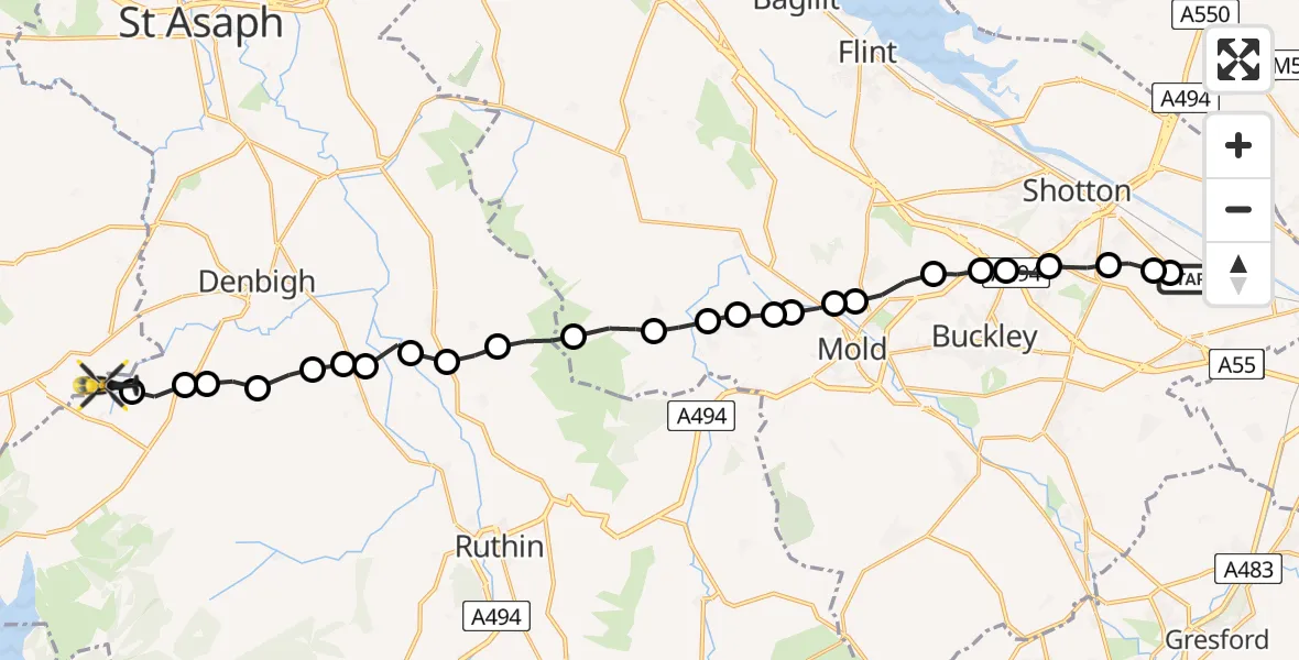 Flight route Police Helicopter Hawarden Airport - Nantglyn, 29 June 2026, 14:32