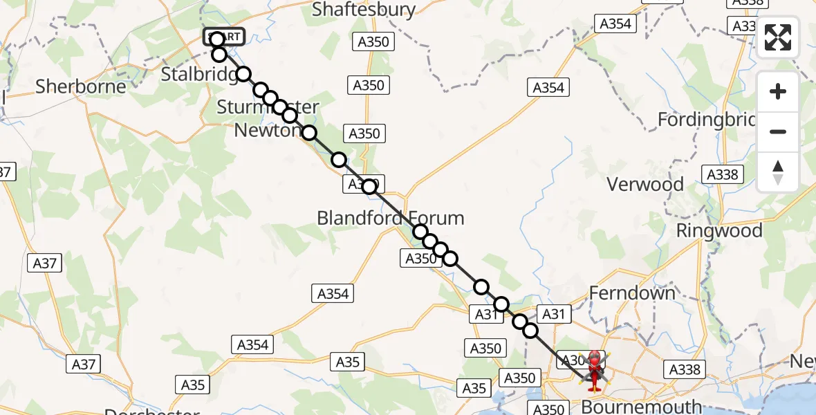 Flight route Air Ambulance Helicopter Henstridge Airfield - Poole, 29 June 2026, 14:32