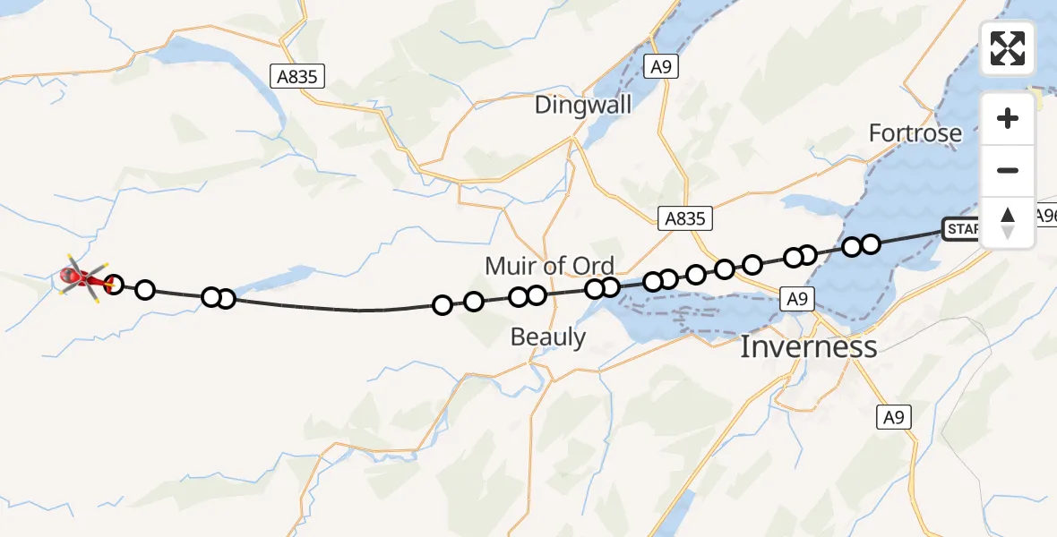 Flight route Air Ambulance Helicopter Inverness - Highland, 29 June 2026, 14:36