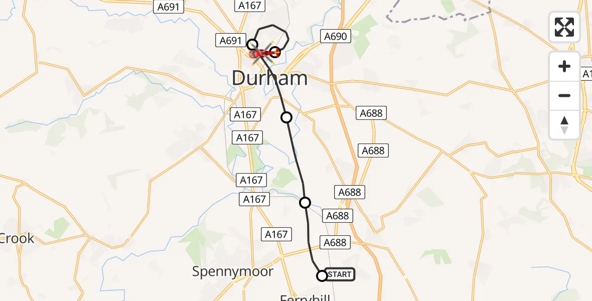 Flight route Air Ambulance Helicopter West Cornforth - Durham, 29 June 2026, 14:41
