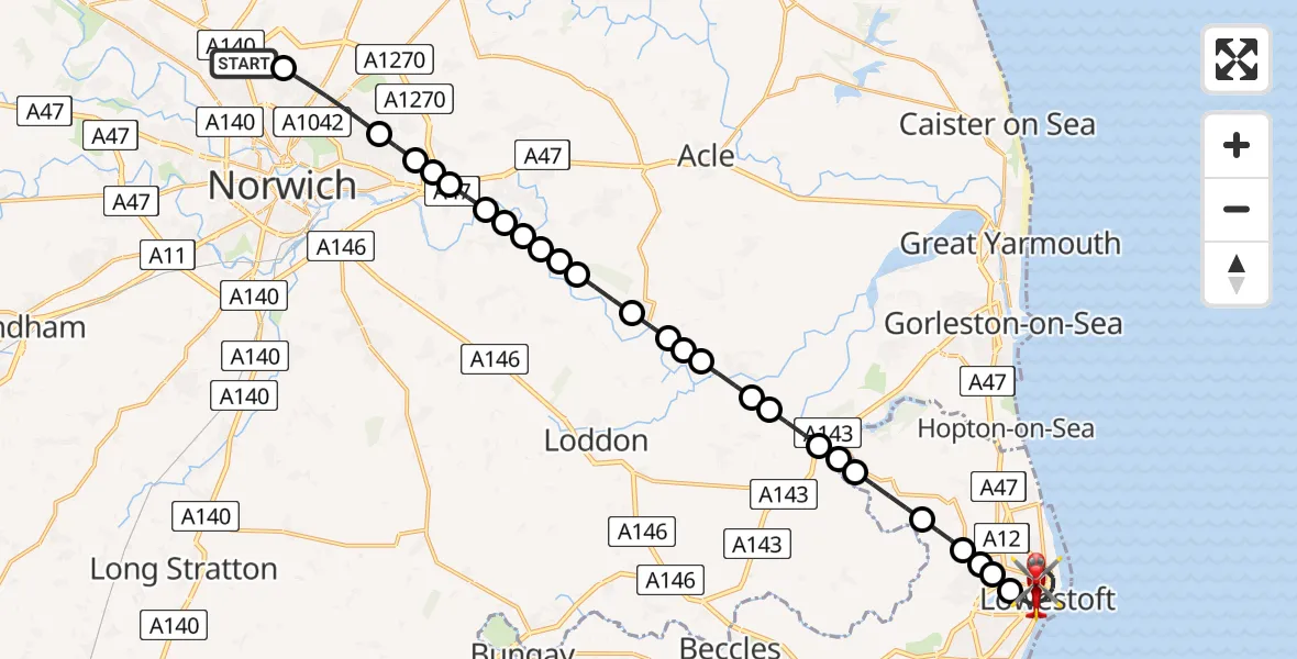 Flight route Air Ambulance Helicopter Norwich Airport - Lowestoft, 29 June 2026, 14:42