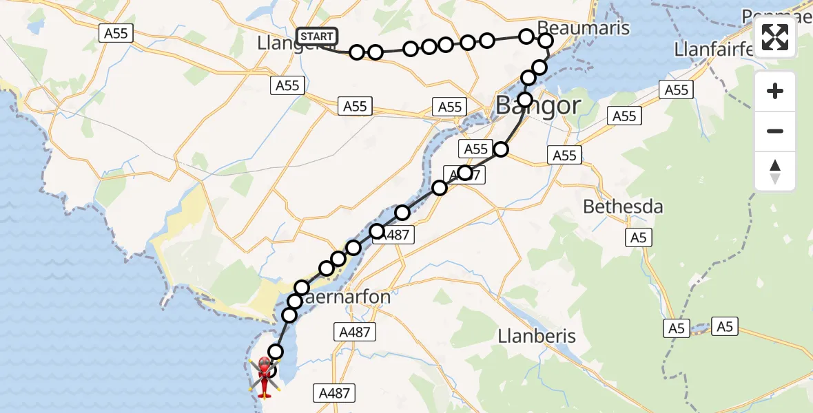 Flight route Air Ambulance Helicopter Llangefni - Caernarfon Airport, 29 June 2026, 14:48