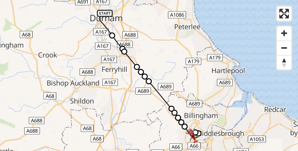 Flight route Air Ambulance Helicopter Durham - Stockton-on-Tees, 29 June 2026, 14:57