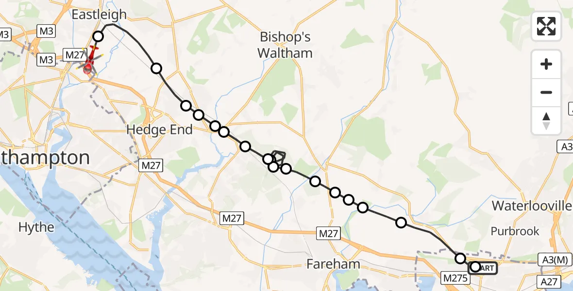 Flight route Air Ambulance Helicopter Queen Alexandra Hospital - Southampton Airport, 29 June 2026, 15:02
