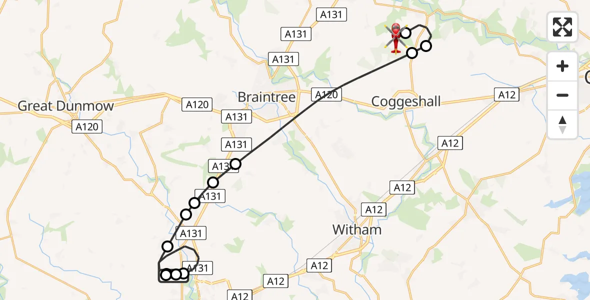 Flight route Air Ambulance Helicopter Broomfield Hospital - Earls Colne Airfield, 29 June 2026, 15:04