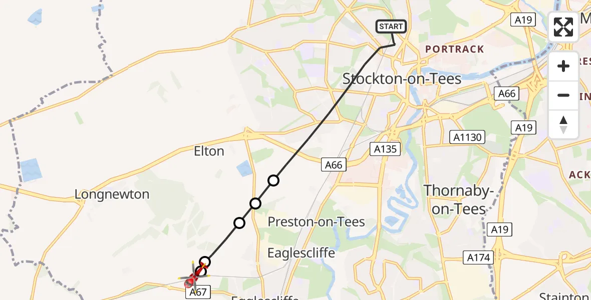 Flight route Air Ambulance Helicopter Stockton-on-Tees - Egglescliffe, 29 June 2026, 15:22