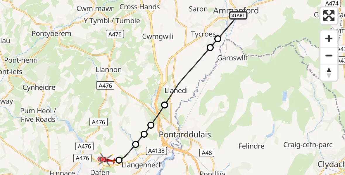 Flight route Air Ambulance Helicopter Ammanford - Dafen, 29 June 2026, 15:27