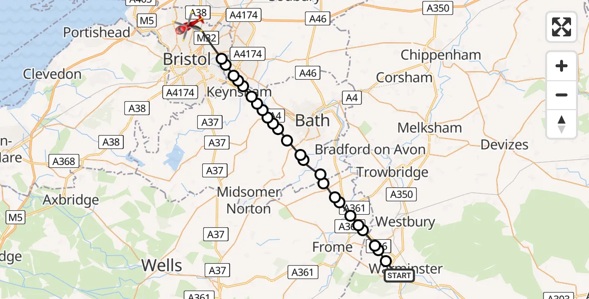 Flight route Air Ambulance Helicopter Warminster - Bristol, 29 June 2026, 15:42