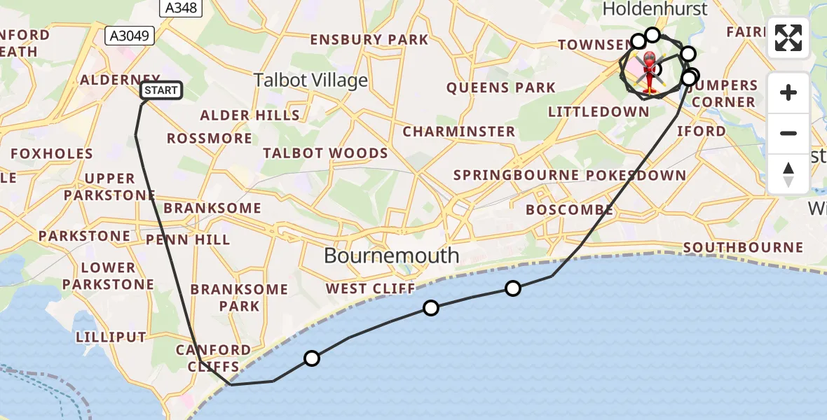 Flight route Air Ambulance Helicopter Poole - Royal Bournemouth Hospital, 29 June 2026, 15:43