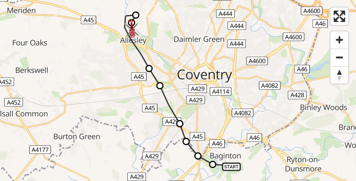 Flight route Air Ambulance Helicopter Coventry Airport - Allesley, 29 June 2026, 15:45
