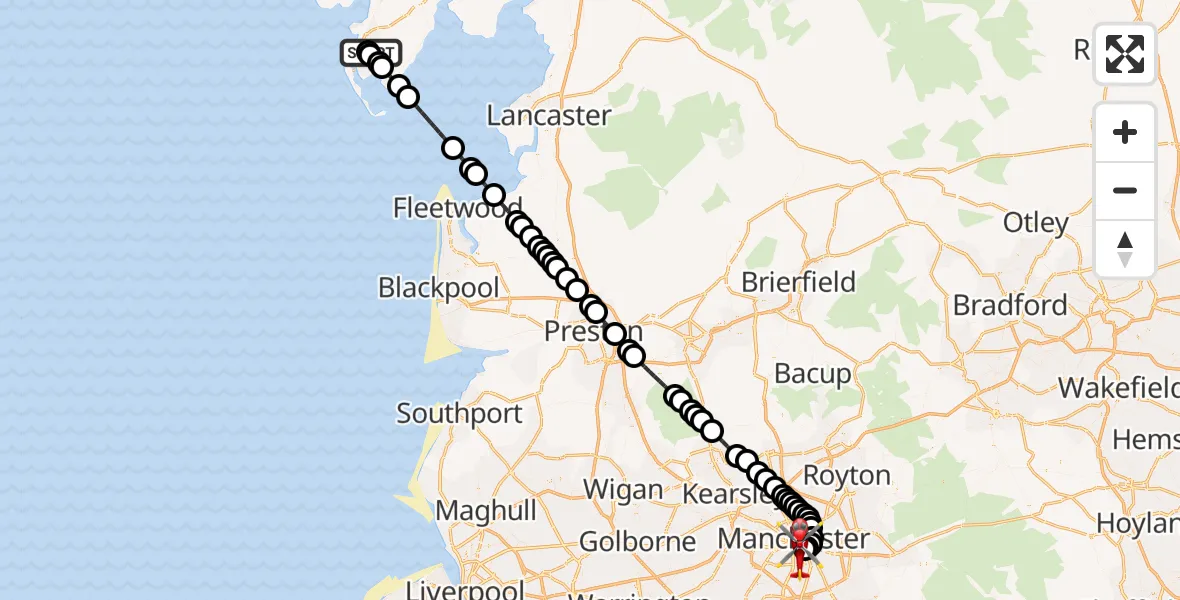 Flight route Air Ambulance Helicopter Barrow in Furness General - Chorlton-on-Medlock, 29 June 2026, 15:46