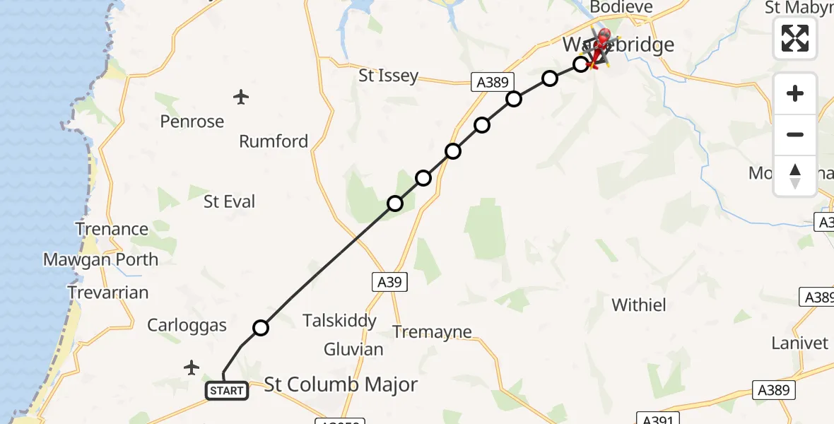 Flight route Air Ambulance Helicopter Cornwall Airport Newquay - Wadebridge, 29 June 2026, 15:48